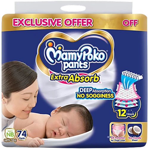 Mamypoko Extra Absorb Diaper Pants - Upto 5 kg, For New Born, 74 pcs