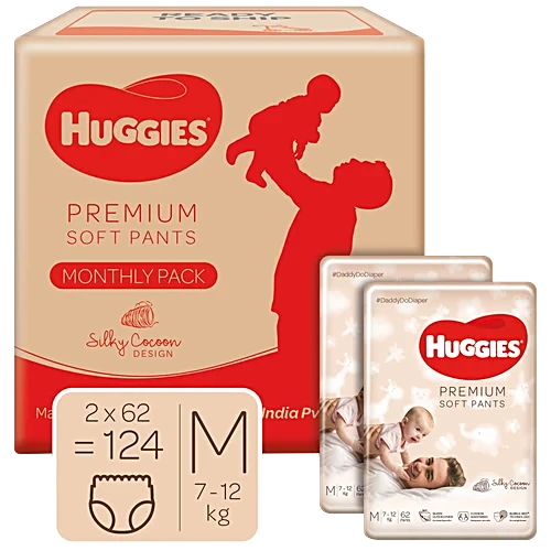 Huggies Premium Soft Diaper Pants - Monthly Pack, Medium, Silky Cocoon Design, Wetness Indicator, 124 pcs