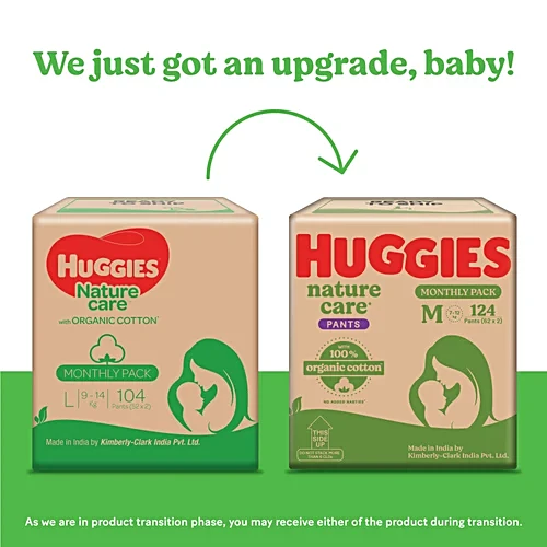 Huggies Nature Care Pants for Babies, Medium (M) Size Baby Diaper Pants,Nature's gentle protection with 100% organic cotton, Small Size, 124 pcs