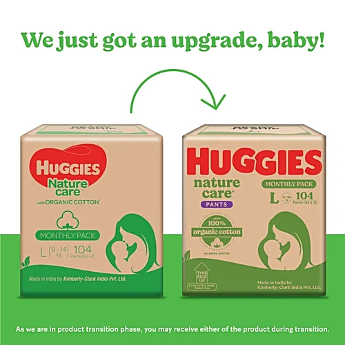 Huggies Nature Care Pants for Babies, Large (L) Size Baby Diaper Pants,Nature's gentle protection with 100% organic cotton, Large Size, 104 pcs