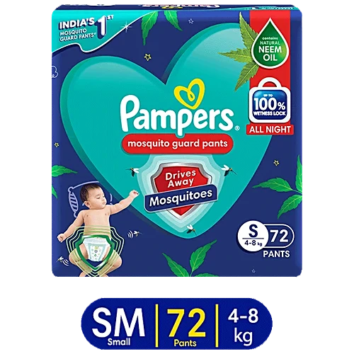 Pampers Mosquito Guard Pants Baby Diapers - Small Size, 4-8 Kg, With Natural Neem Oil, First Time In India, 72 pcs