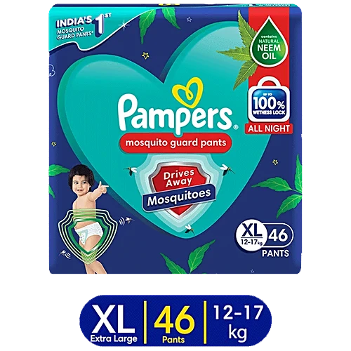 Pampers Mosquito Guard Pants Baby Diapers - XL Size, 12-17 Kg, With Natural Neem Oil, First Time In India, 46 pcs
