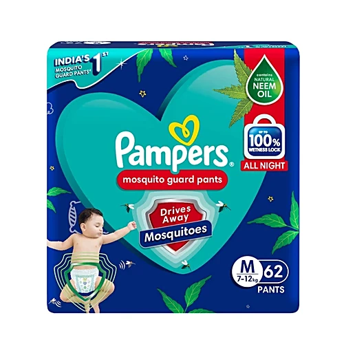 Pampers Mosquito Guard Pants Baby Diapers - Medium Size, 7-12 Kg, With Natural Neem Oil, First Time In India, 62 pcs