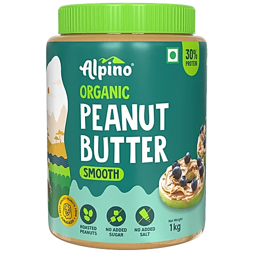 Alpino Organic Peanut Butter Smooth - Unsweetened/Gluten Free/Non-GMO/Vegan, 1 kg Jar